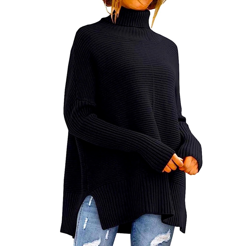Women's Turtleneck Fall Sweaters Oversized Long Batwing Sleeve Spilt Hem Casual